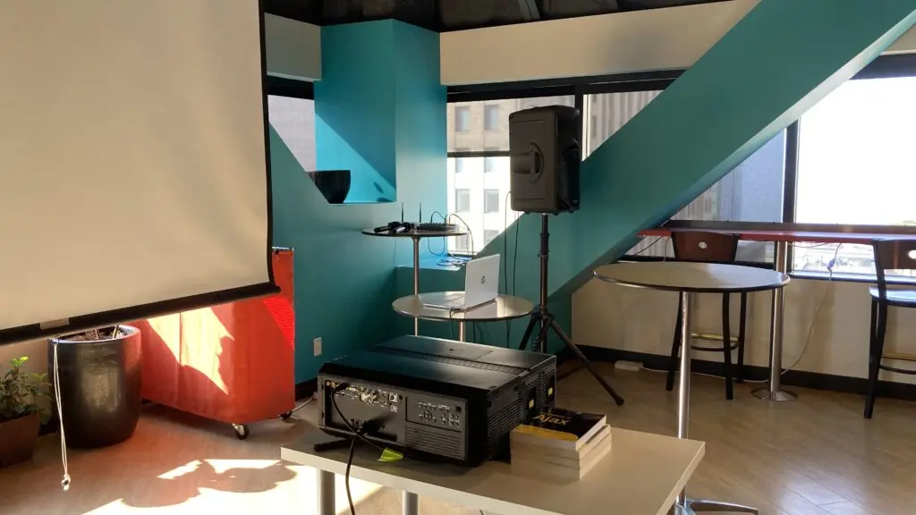 Speakers, microphone, mixer, podium all included